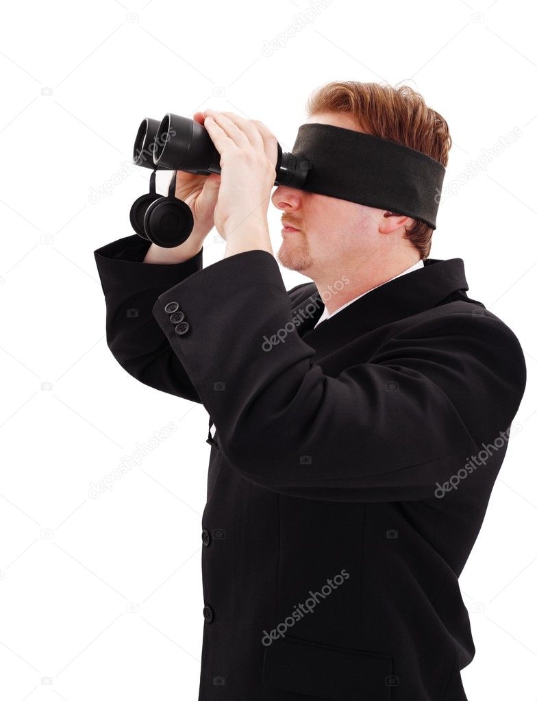 Blindfold bussiness man looking for job