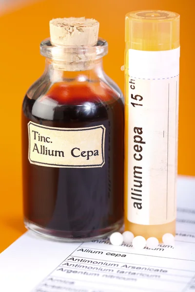 Allium cepa Pflanzenextrakt, homöopathische Pillen auf Blatt — Stockfoto