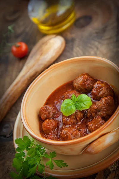 Italian cooking - meat balls with basil — Stock Photo, Image