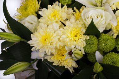 Bouquet of chrysanthemums, white rose, Lily