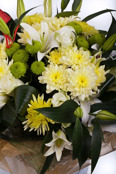 Bouquet of chrysanthemums, white rose, Lily