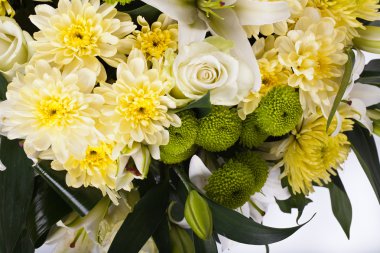 Bouquet of chrysanthemums, white rose, Lily