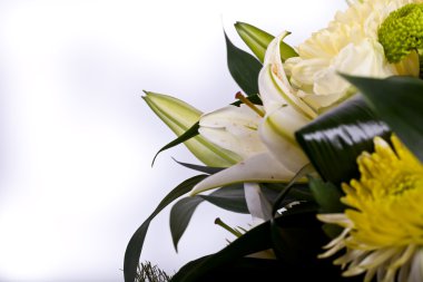 Bouquet of chrysanthemums, white rose, Lily