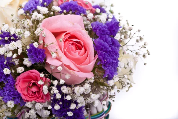 Bouquet de roses, iris, gerbera sur fond blanc — Photo