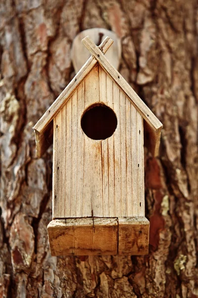 Casa de madeira de pássaro na floresta — Fotografia de Stock
