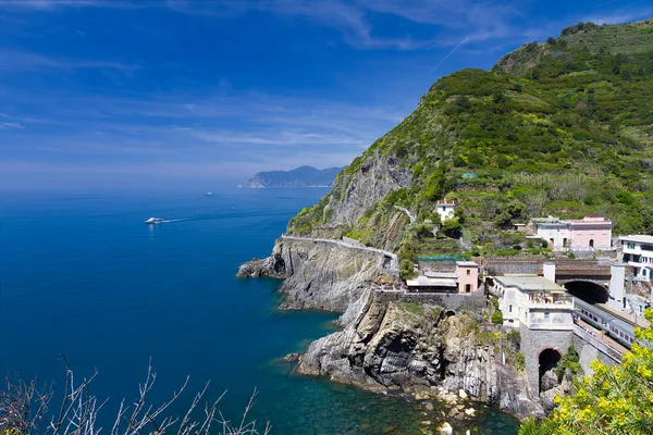 Linha costeira em Riomaggiore e estação ferroviária, Cinque Terre, Itália — Fotografia de Stock