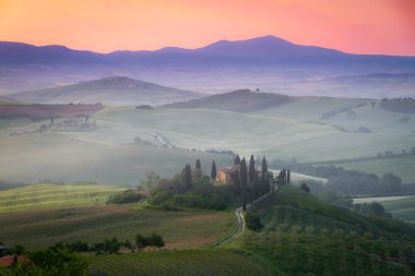 Tuscany Farmhouse Belvedere at dawn, San Quirico d'Orcia, Italy clipart