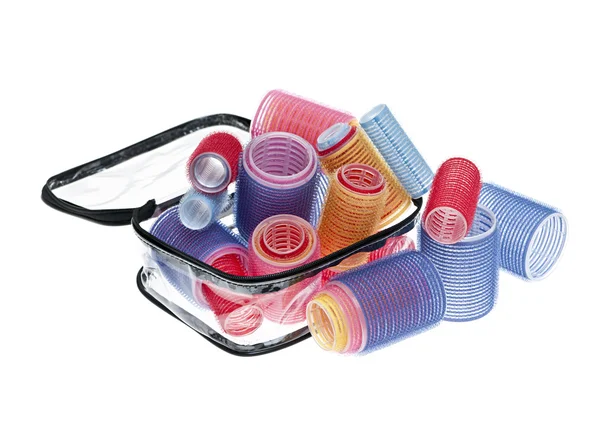 Case of hair rollers on white — Stock Photo, Image