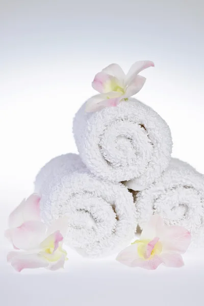 Białych zwinięte ręczniki spa — Zdjęcie stockowe