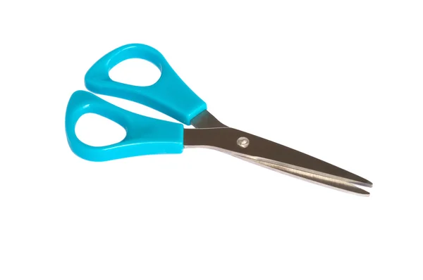 Standard scissors with blue plastic handles, isolated on white Royalty Free Stock Photos