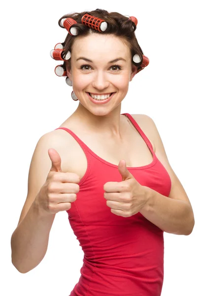 Woman is showing thumb up gesture — Stock Photo, Image