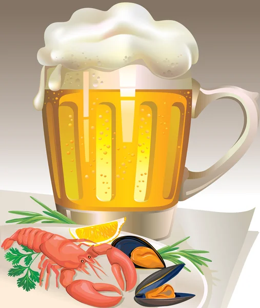 Glas Bier mit Meeresfrüchten — Stockvektor