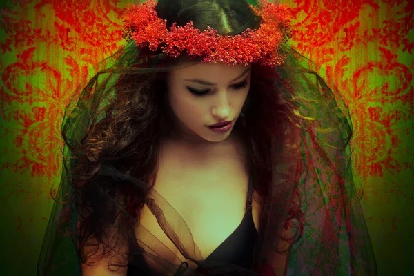 Fantasy woman with wreath of flowers — Stock Photo, Image