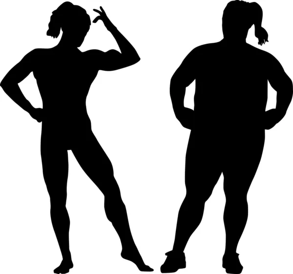 Silhuetas de fisiculturista e mulher gorda —  Vetores de Stock