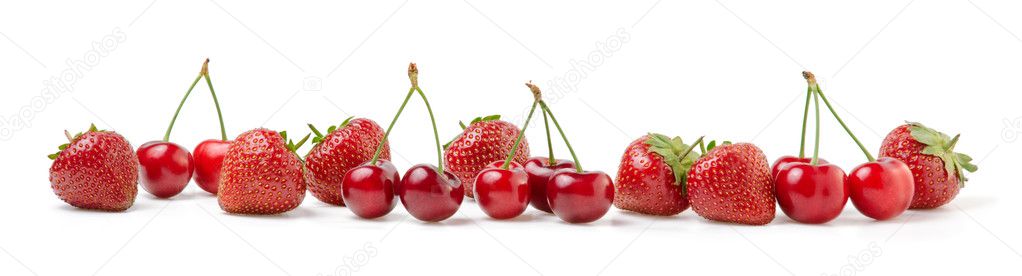 Fresh Cherries and Strawberries on White Background