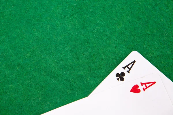 Texas holdem pocket aces on casino table with copy space — Stok fotoğraf