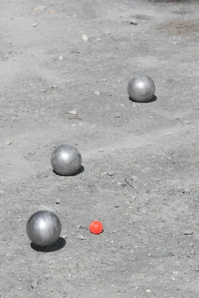 stock image Petanque balls with a jack (cochonnet)