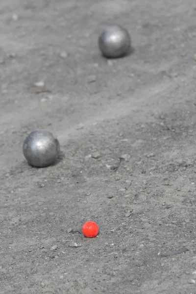 stock image Petanque balls with a jack (cochonnet)