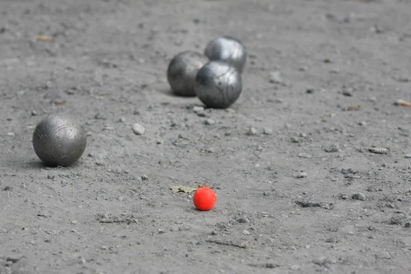 Petanque balls with a jack (cochonnet) — Stock Photo, Image
