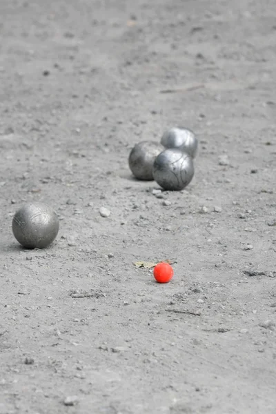 Petanque balls with a jack (cochonnet) — Stock Photo, Image