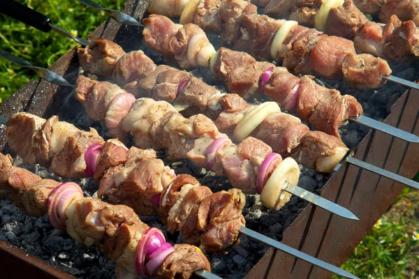 Kebab frais se prépare sur le feu à l'extérieur — Photo