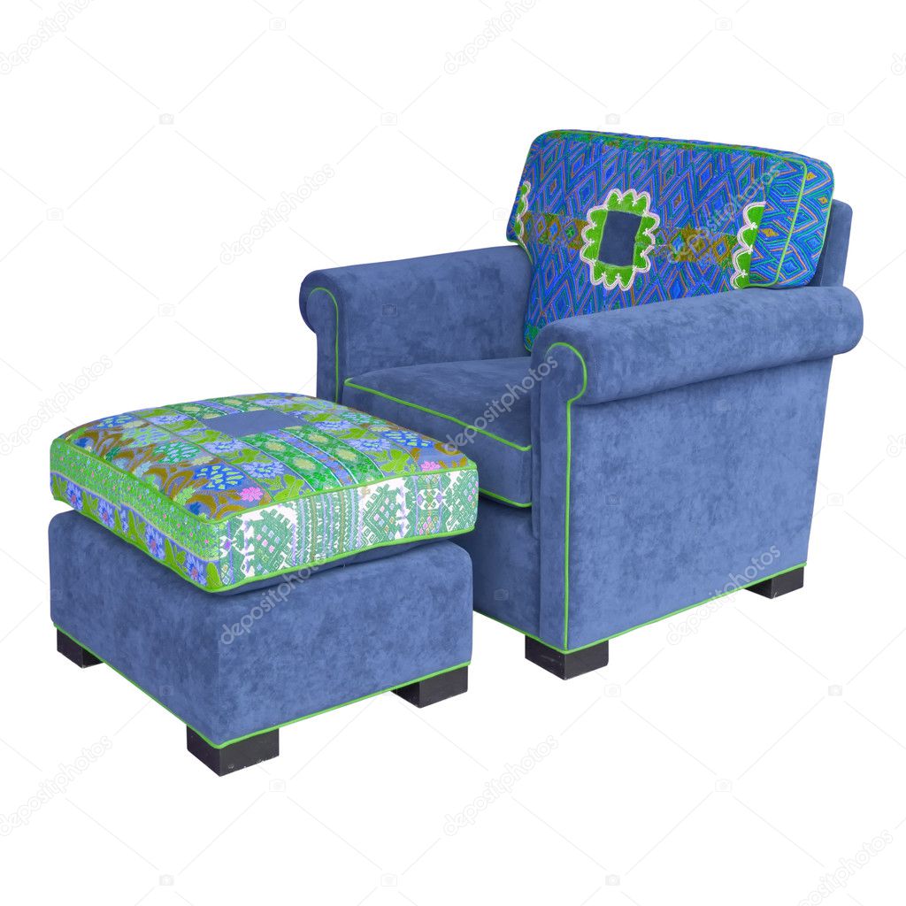 Blue Fabric armchair and stool