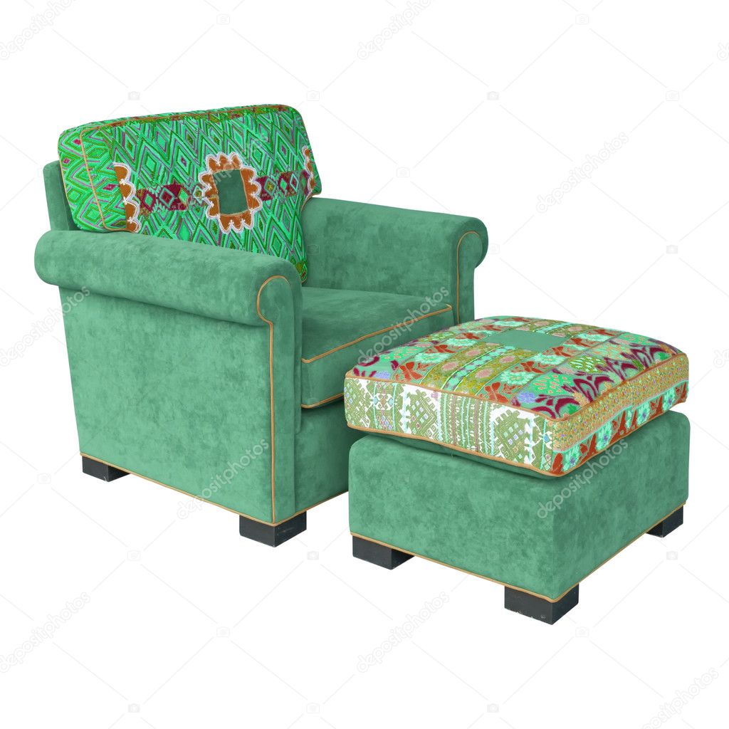 Green Fabric armchair and stool
