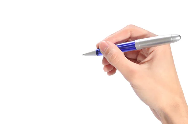 Мужская рука с ручкой на белом фоне — стоковое фото