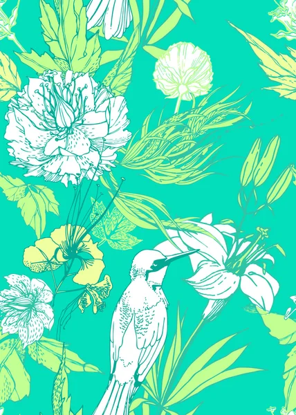 Винтажный романтический бесшовный узор с птицей и цветами — стоковый вектор
