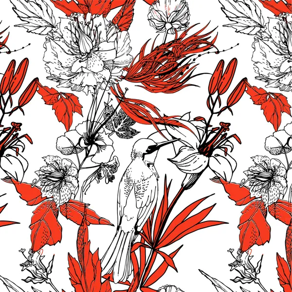 Årgang romantisk sømløst mønster med fugl og blomster – stockvektor