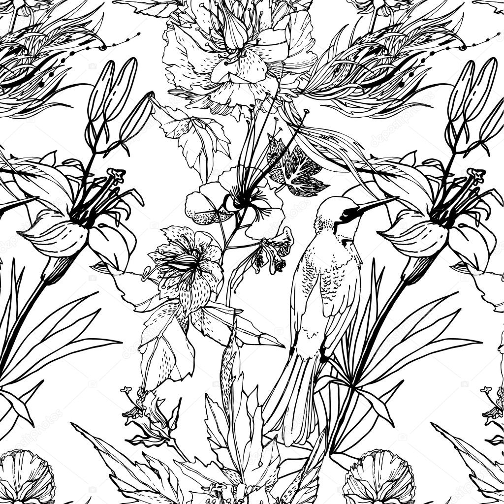 Vintage romantic seamless pattern with bird and flowers