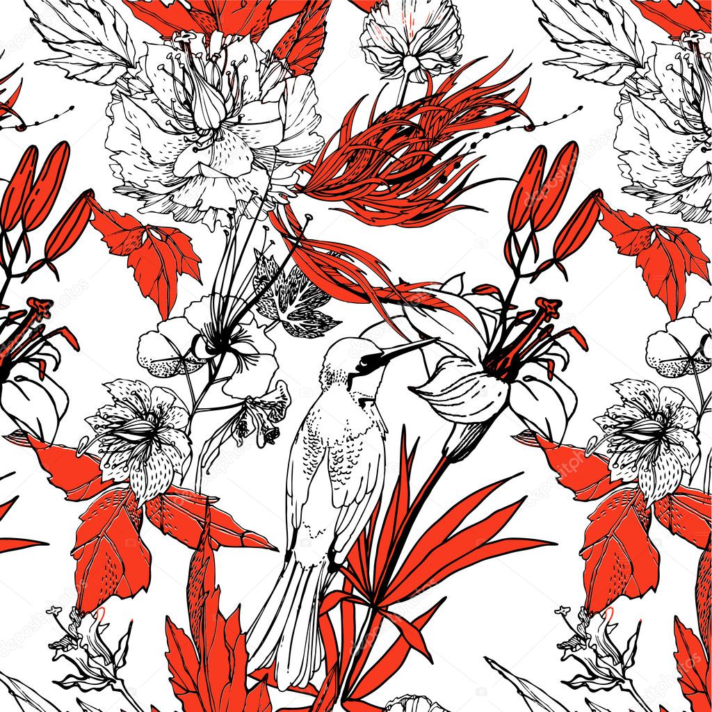 Vintage romantic seamless pattern with bird and flowers