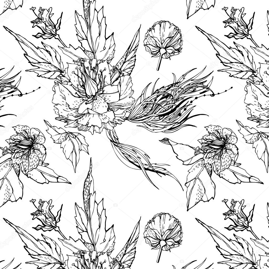 Floral seamless pattern. Black and white background