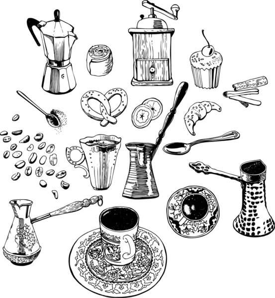 Accessori da cucina per il caffè. Un insieme di oggetti . — Vettoriale Stock