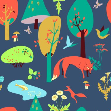 Eco-house in the forest and its inhabitants. Seamless pattern clipart