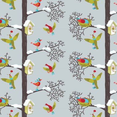 The birds in the family and their homes in the winter woods. Seamless pattren clipart