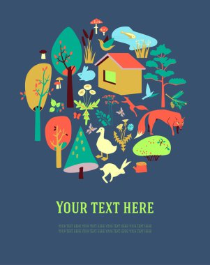 Eco-house in the forest and its inhabitants. The poster, card or banner clipart