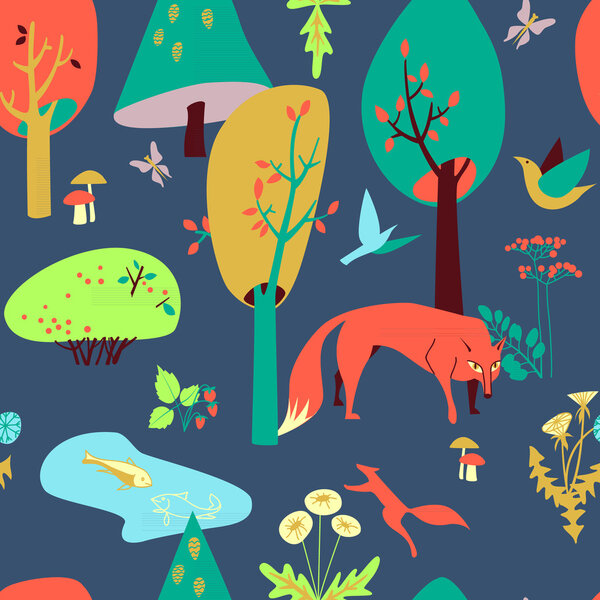 Eco-house in the forest and its inhabitants. Seamless pattern