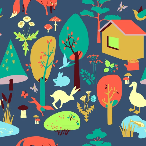 Öko-Haus im Wald und seinen Bewohnern. nahtloses Muster — Stockvektor