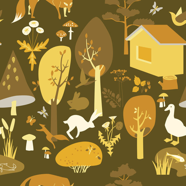 Eco-house in the forest and its inhabitants. Seamless pattern