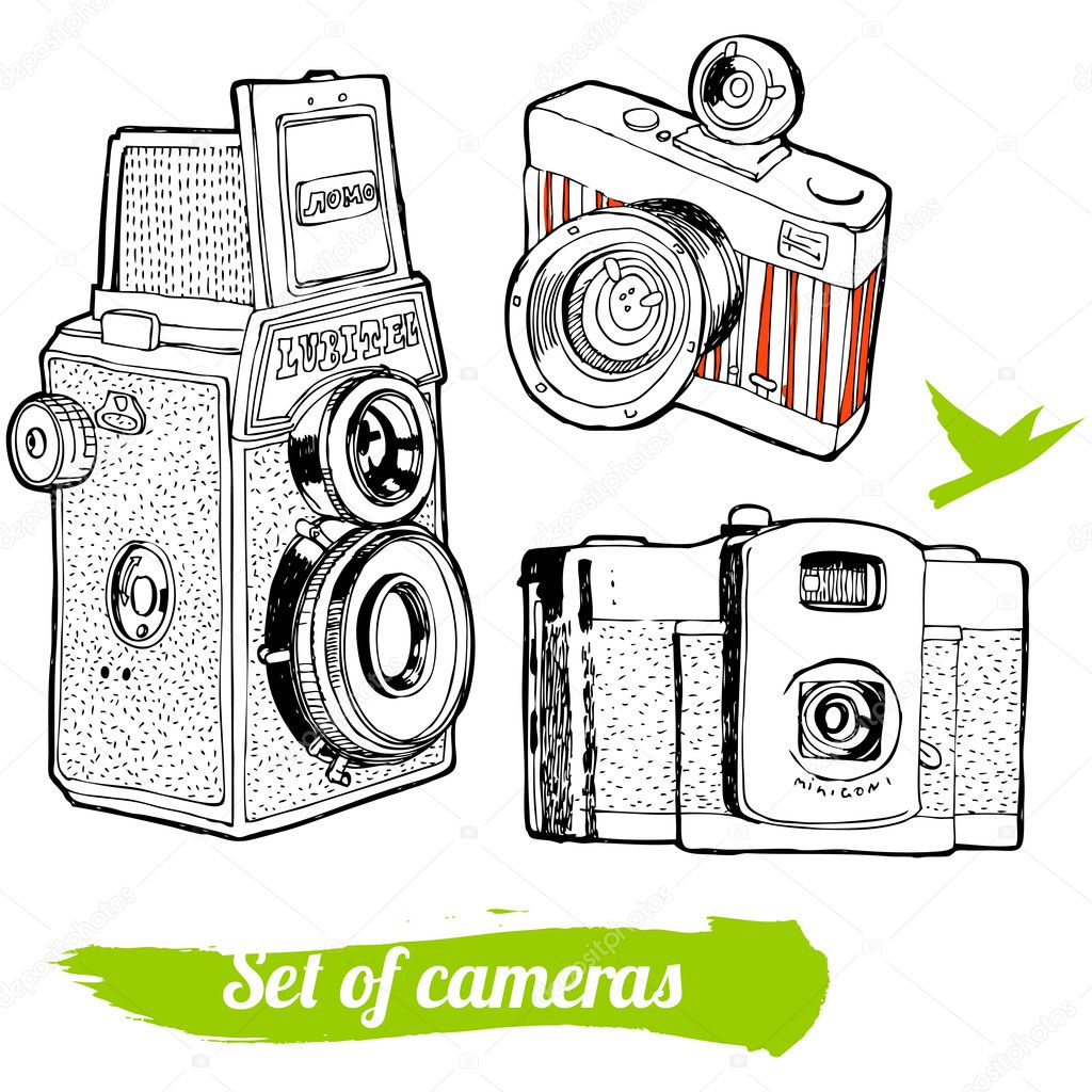 A set of vintage cameras, hand-drawn.
