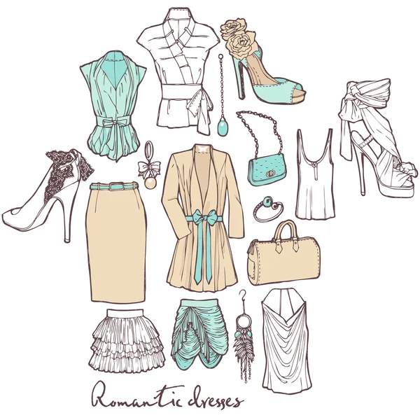 Vestidos românticos moda. Conjunto vetorial de itens do guarda-roupa feminino —  Vetores de Stock