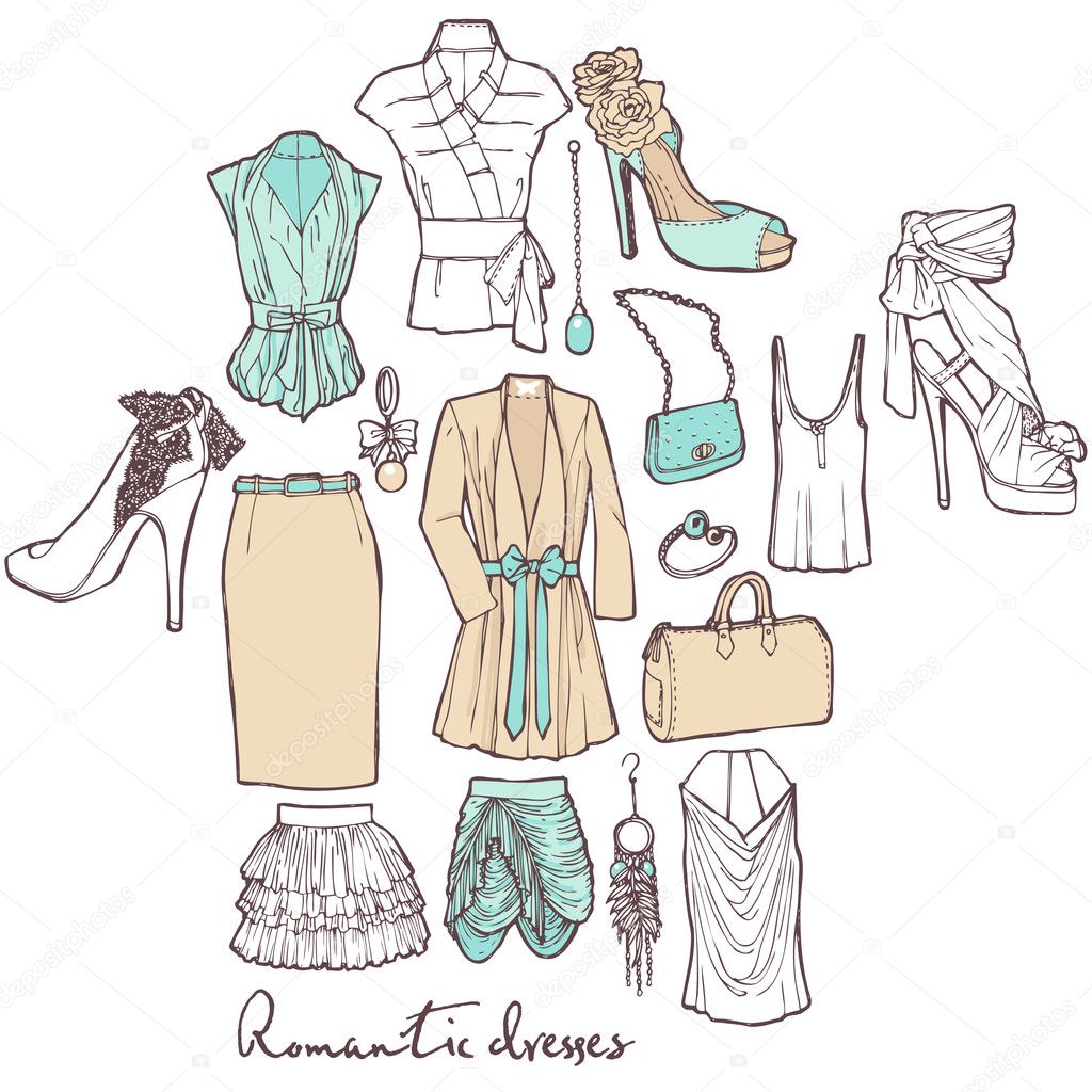 Fashion romantic dresses. Vector set of items of women's wardrobe