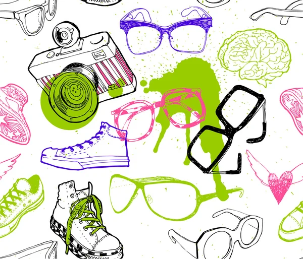 Seamless pattern with hipster fashion accessories: sunglasses, camera, sneakers. — Stock Vector
