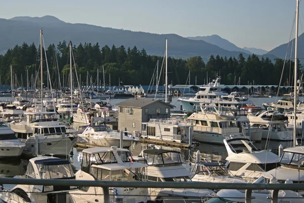 Centre-ville de Vancouver avec voiliers au port de Coal — Photo