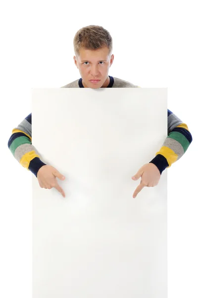Młody człowiek z pustą kartę biały — Zdjęcie stockowe