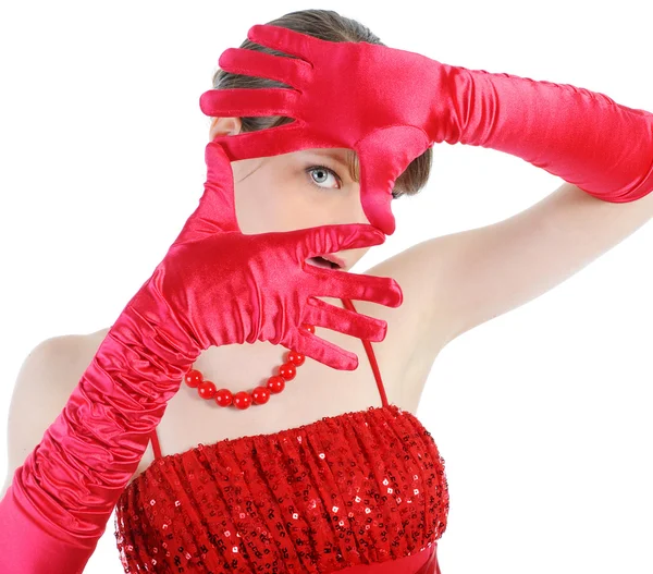 Genç kadın kırmızı eldiven — Stok fotoğraf