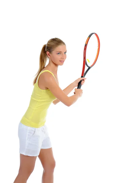 Bir tenis raketi ile güzel bir kadın. — Stok fotoğraf
