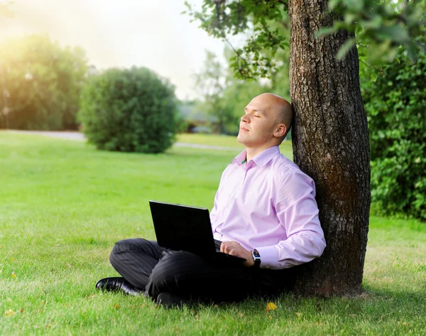 Podnikatel s notebookem sedí u stromu — Stock fotografie