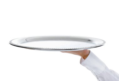 Waiter holding empty silver tray clipart